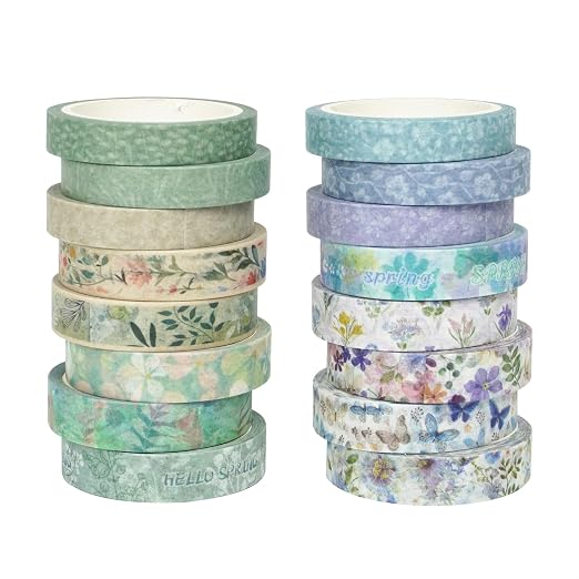 Floral Washi Tape Set 16 Rolls, Flower Spring Decorative Paper Sticker for Planner Scrapbook Journal DIY Arts Craft