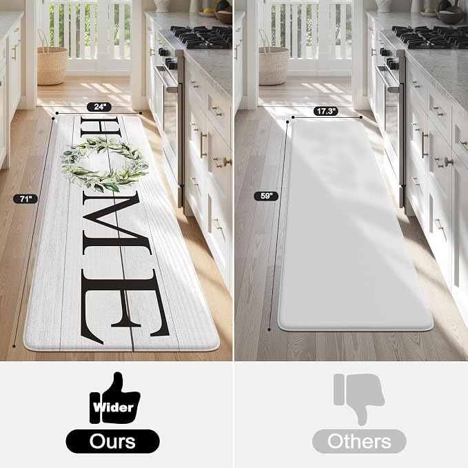 KIMODE Kitchen Mats Cushioned Anti Fatigue 24" x 71", Farmhouse Kitchen Rugs Runner Stain Resistant, Wide Ergonomic Standing Long Non Slip Waterproof Kitchen Floor Mat for Sink Laundry, White