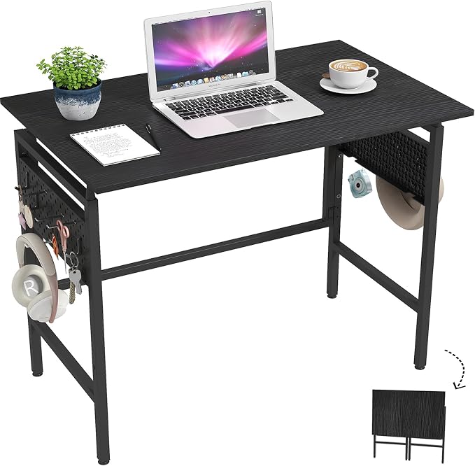 Hadulcet 31'' Folding Desk, Black Portable Desk with Pegboard Storage, Small Folding Computer Table for Bedroom, Portable Computer Desk for Study, Space-Saving for RV & Home Office