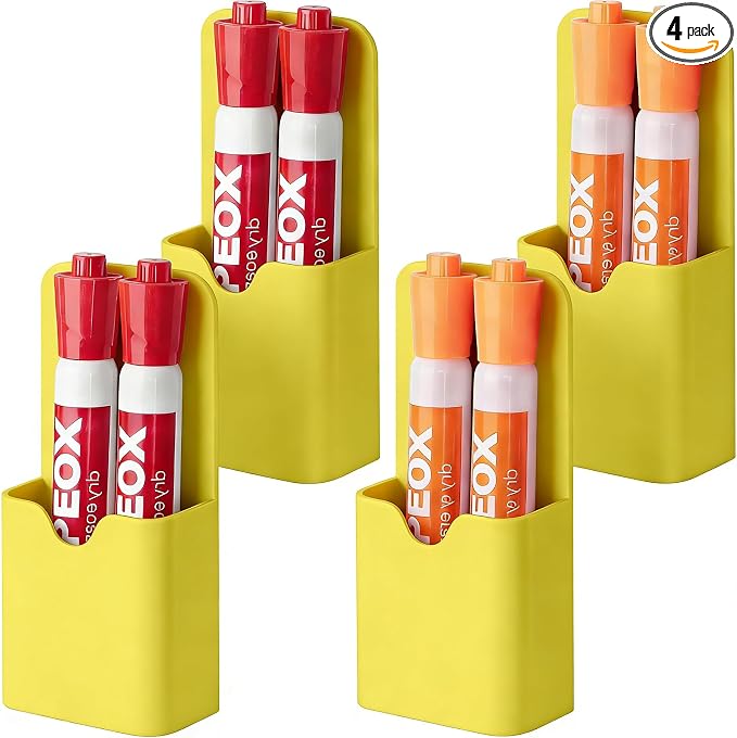 BEYGORM 4 Pack Magnetic Pen Holder for Whiteboard, Upgraded 1.5 mm Pencil Cup Organizer for Dry Erase Markers, Ideal Classroom, Office, Refrigerator, Locker (Yellow)
