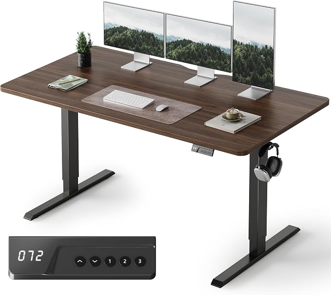 FEZIBO Standing Desk, 55×28 Inches Electric Height Adjustable, Sit Stand Up, Computer Office Desk with Splice Board, Black Frame/Black Walnut TOP