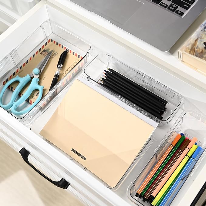 15 Pcs Extendable Clear Drawer Organizer, All Adjustable Vanity Storage Box, 2-Size Desk Drawer Organizer, Acrylic Storage Bins for Makeup, Cosmetic, Bedroom Dressers Tool Organizer for Gadgets