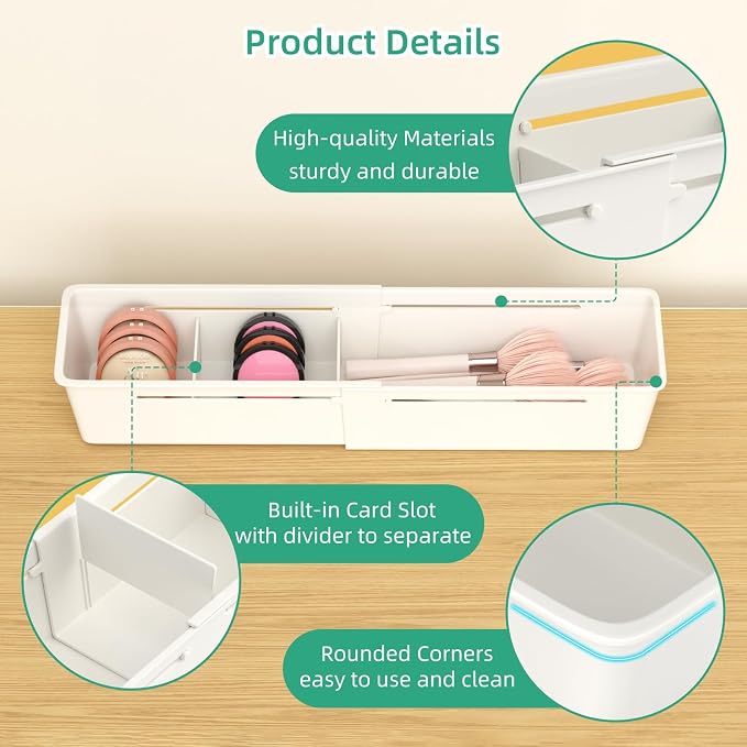 4 Pack Expandable Drawer Organizer, Desk Drawer Organizer Tray | 8 pcs Dividers Adjustable, 16 pcs Non-Slip Feet, Organizer Bins for Junk, Office, Makeup, Kitchen Utensil, Plastic, White