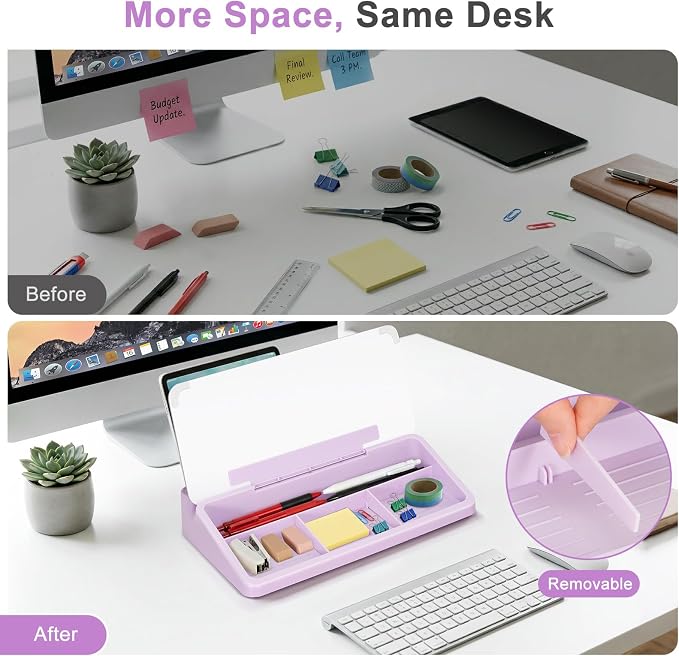 WALGLASS Small Desktop Whiteboard with Storage, Glass Desk Dry Erase White Board Computer Keyboard Stand with Drawer, Desk Organizers with Accessories for Office, Home, School Supplies Purple