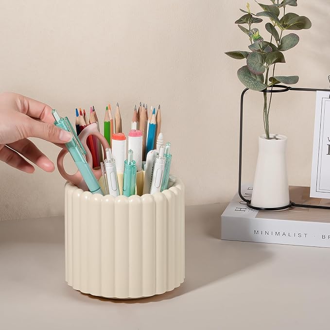 360° Rotating Pen Holder for Desk Removable Pencil Organizer, Beige | 7 Slots Pen Cup Cute Office Supplies and Accessories Plastic Desktop Storage Box Art Caddy for School, Work, Home