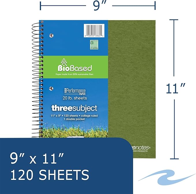 Roaring Spring Environotes Recycled Spiral Notebook, 3 Subject, 11" x 9", 120 Perforated Sheets, 20 lb Bio-Based Paper, College Ruled w/ Margin, Assorted Earthtone Covers, Double Pocket, 2 Dividers, Made in USA