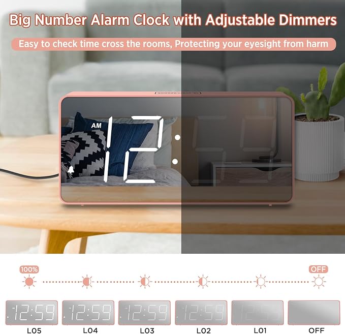 Peakeep Digital Alarm Clock for Bedrooms Bedside, Loud for Heavy Sleepers | Electric Alarm Clock Battery Backup Powered, Mirror Face, Large Numbers 6 Dimmers for Seniors