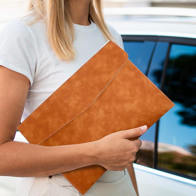 Leather Folder, Leather Envelope Document Folder A4 Flie Holder for Documents Letters Envelopes Waterproof Portfolio Brown PU Envelope Case with Snap Closure for Receipt Contract Paper Bills
