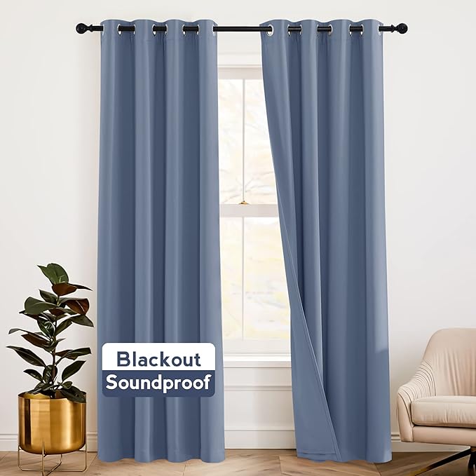 RYB HOME Noise Reduce Blackout Energy Efficiency 3-in-1 Set Solid Window Curtains for Bedroom Living Room Wall Panels Patio Door, 52 inch Wide x 108 inch Long, Stone Blue, 2 Pcs