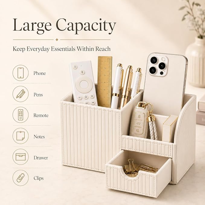 Luxury PU Leather Desk Organizer with Drawer, Modern Aesthetic Office Desk Accessories for Women, Multi-Compartment Pen Holder & Desktop Storage Organizer for Home Office, Cream White