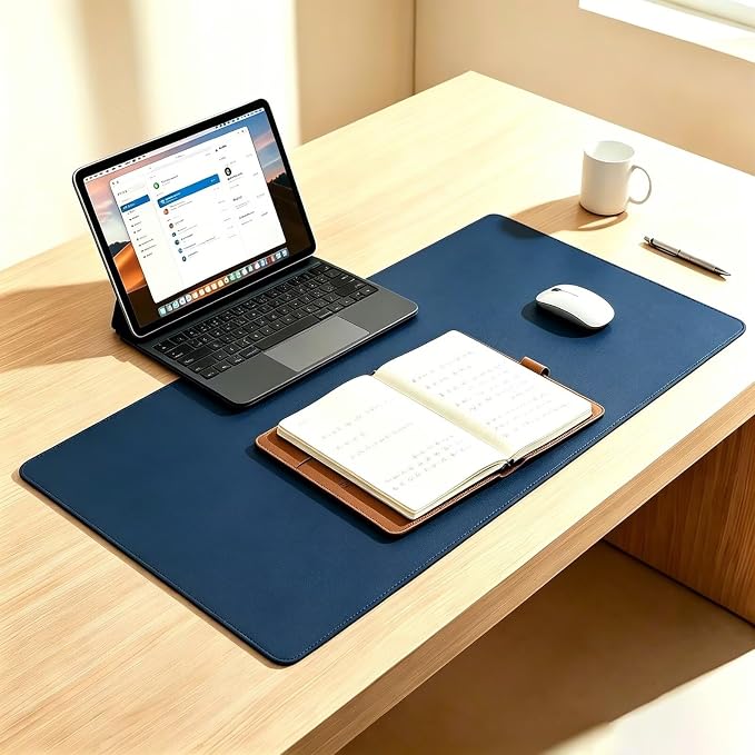 Non-Slip Leather Desk Pad, Waterproof Laptop Computer Table Keyboard Mat, Table Protector Blotter Surface, Large Mouse Mat for Office/Work/Home/Decor(Dark Blue, 10" x 20")