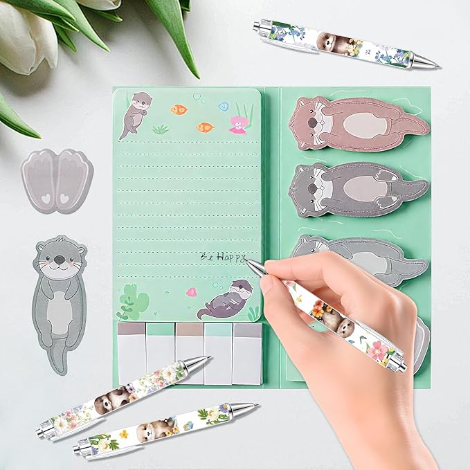 Funny Otter Gifts for Women, Cute Cartoon sea Otter Sticky Notes Set, Christmas Sea Animal Themed Makeup Bag & 4 Cute Otter Ballpoint Pens, Back to School Office Small Birthday Gift for Girls