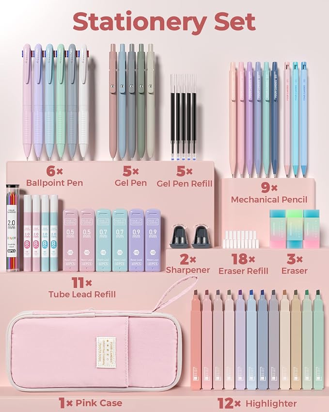 Four Candies 56 PCS Stationery Set, Cute Storage Case with Supplies, 6 Multicolor Pens, 12 Pastel Highlighters, 5 Gel Pens Black Ink, 9 Mechanical Pencils for College Essentials Stuff (Pink)