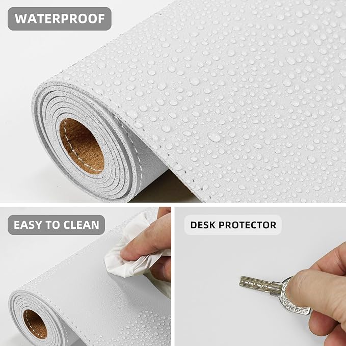 AFIING Leather Desk Pad Protector, Large Desk Mat with Natural Cork & PU Leather, Mouse Pad, Non-Slip, Waterproof Desk Writing Pad for Office and Home (White)