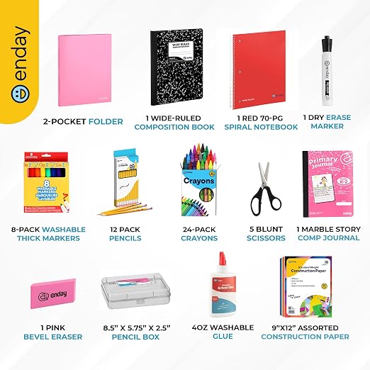 Enday 1st Grade and Kindergarten School Supplies Kit - 54 Piece Back to School Supplies Kit, Premium Quality Kids School Supplies for Girls & Boys, Kindergarten & First Grade School Supplies for Kids