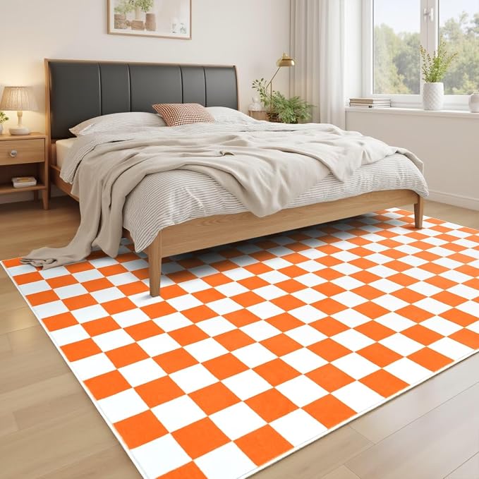 Terrug Orange and White Checkered Rug for Living Room,5x7 Area Rugs Washable with Non Slip for Bedroom,Soft Low Pile Stain Resistance Retro Carpet for Dorm Kids Room