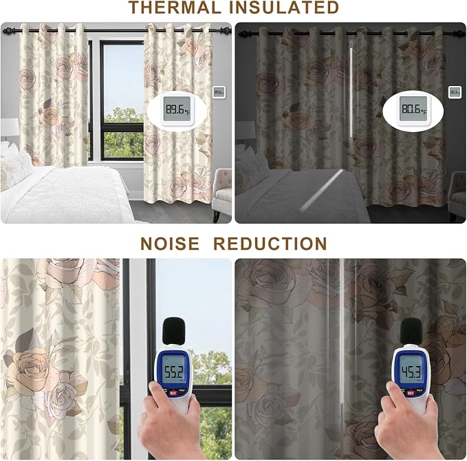 Floral Blackout Curtains for Bedroom and Living Room, Beige Roses Room Darkening Black Out Curtains 84 Inch Long 2 Panels Set, Farmhouse Light Filtering Soundproof Thermal Curtains with Rope Tiebacks