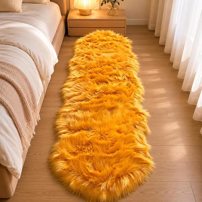 EasyJoy Faux Sheepskin Rug, Fluffy Faux Fur Rug, Ultra Soft Shag Area Rug with Non-Slip Backing for Bedroom, Living Room, Nursery, Kids Room(2 x 6 ft Sheepskin, Golden Yellow)