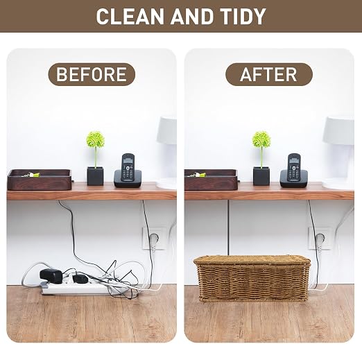 2 Pack Rattan Cable Management Box, Large Cord Organizer Box with Lid Under Desk Router Hider Storage Box with 4 Exits, Wire Box Hider for TV Wires Computer Surge Protector USB Hub Power Strip