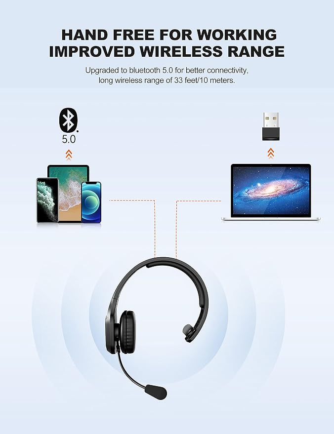 TECKNET Trucker Bluetooth Headset, Trucker Bluetooth Headphones with Microphone AI Noise Canceling Wireless On Ear Headset, Hands Free Wireless Headset for Cell Phone Computer Office Home bright black