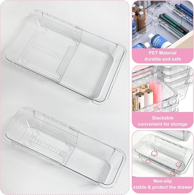 15 Pcs Adjustable Clear Drawer Organizer, 2 Size Plastic Extendable Desk Drawer Organizer Trays,Expandable Storage Bins for Bathroom Vanity Kitchen Organization and Storage,Makeup, Jewelry, Gadgets