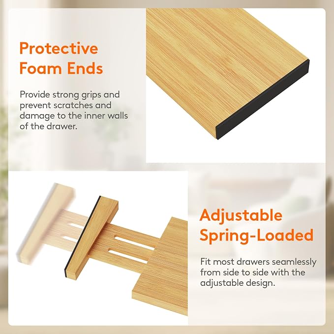Lifewit 4" High 5 Pack Bamboo Drawer Dividers 31-40cm/12-16 Adjustable Wooden Drawer Organizer for Clothes/Utensils, Expandable Drawer Separator for Dresser/Kitchen/Bedroom/Office Organization