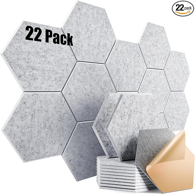 22 Pack Self-Adhesive Acoustic Panels 12" X 10" X 0.4" - Sound Proof Foam Panels with High Density, Hexagonal Design, Flame Resistant, Absorb Noise and Eliminate Echoes(Silvergray)