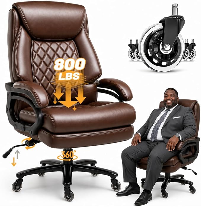 Big and Tall Executive Office Chair with Adjustable Lumbar Support, Extra Wide Seat, Heavy Duty Computer Desk Chair for Long Working Hours, Gaming & Home Office, Quiet Rolling Wheels