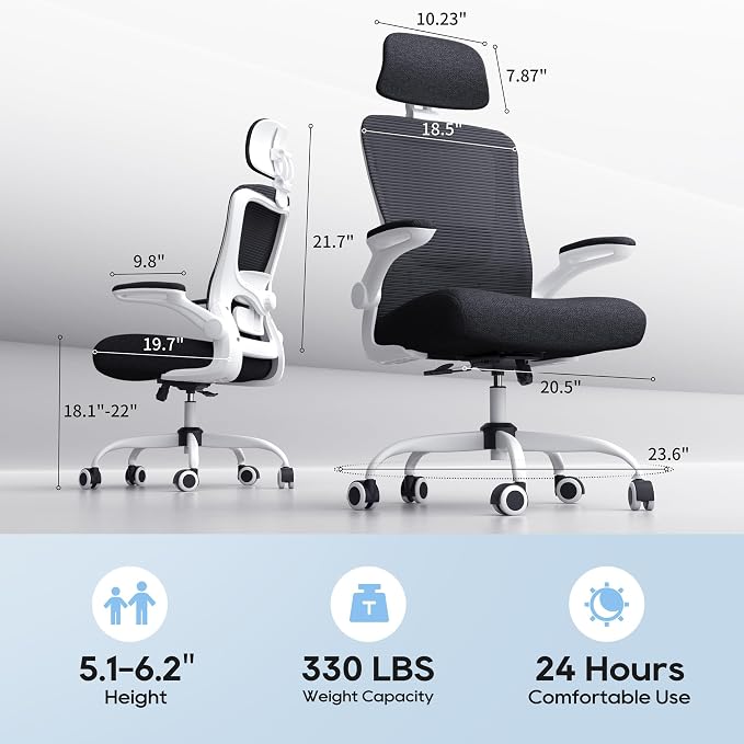 Ergonomic Office Chair for Long Hours, Padded Lumbar Support for Lower Back Relief, 330 lb Capacity, Comfortable Computer Desk Chair for Home Office, Computer & Study (Classic, White/Black)