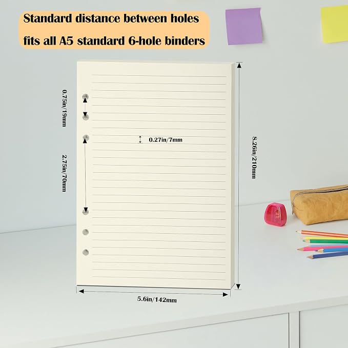 A5 Ruled Filler Paper, 6-Hole Punched, 100GSM Loose-Leaf Paper and Planner Inserts for Planners, Meeting Notes, and Bullet Journals,80 Sheets/160 Pages