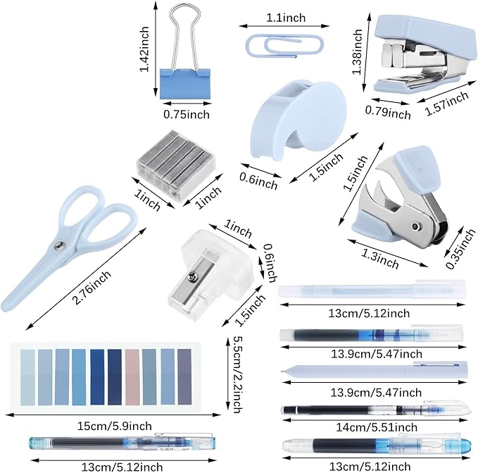 Colarr Mini Office Supply Kit Include Stapler Tape Dispenser Staple Remover Paper Clip Scissor Staple Pen Sharpener Note Small Telescopic Knife for Office Back to School Supplies Student Clerk(Blue)