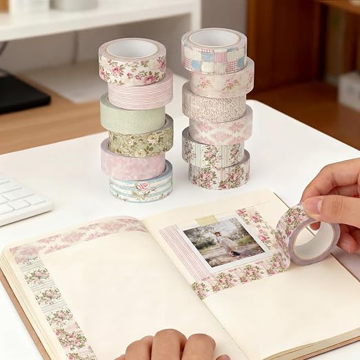 12 Rolls Watercolor Floral Washi Tape Set 15 mm Vintage Flower Decorative Masking Tape for Summer School Arts DIY Craft Scrapbook Journal Supplies Gifts(Vintage Pink,Cottagecore)