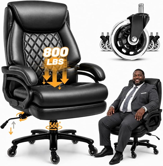 Big and Tall Executive Office Chair with Adjustable Lumbar Support, Extra Wide Seat, Heavy Duty Computer Desk Chair for Long Working Hours, Gaming & Home Office, Quiet Rolling Wheels