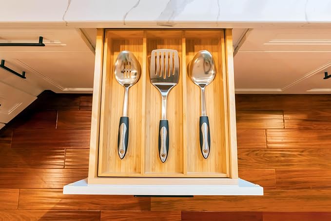 Bamboo Kitchen Utensils Organizer, 13 Inch Drawer Dividers for Silverware, Extra Deep Holder, with Non-Slip Feet, Wood Caddy for Flatware Cutlery