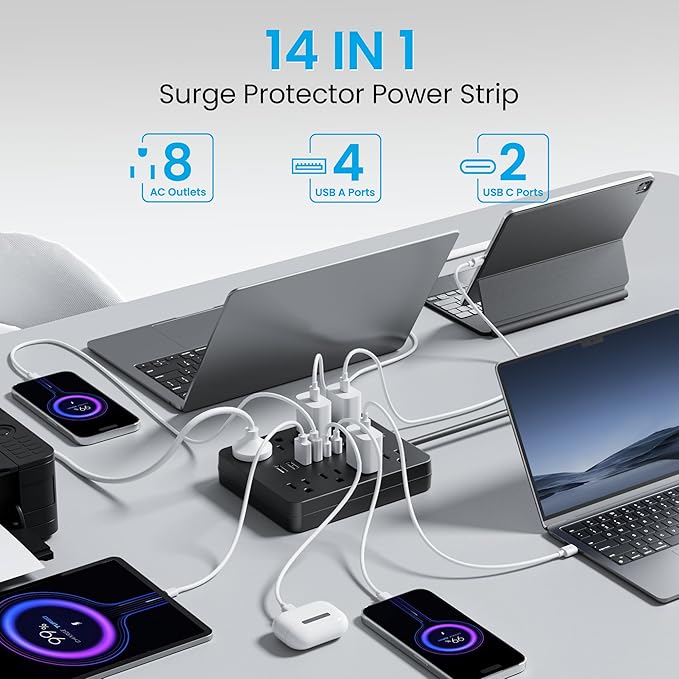 2 Pack Surge Protector Power Strip, 8 Outlets(1850W/15A/14AWG), 6 USB Charging Ports(2 USB C), 6FT Flat Plug Extension Cord Outlet Extender with Overload Protection, ETL Certified for Office.