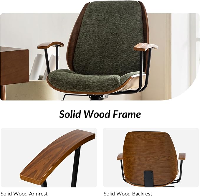 HULALA HOME Solid Wood Office Chair with Tilt Function & Metal Base, Green | Mid Century Modern Desk Chair with Bent Wood Frame, 360° Swivel Fabric Computer Task Chair, Height Adjustable