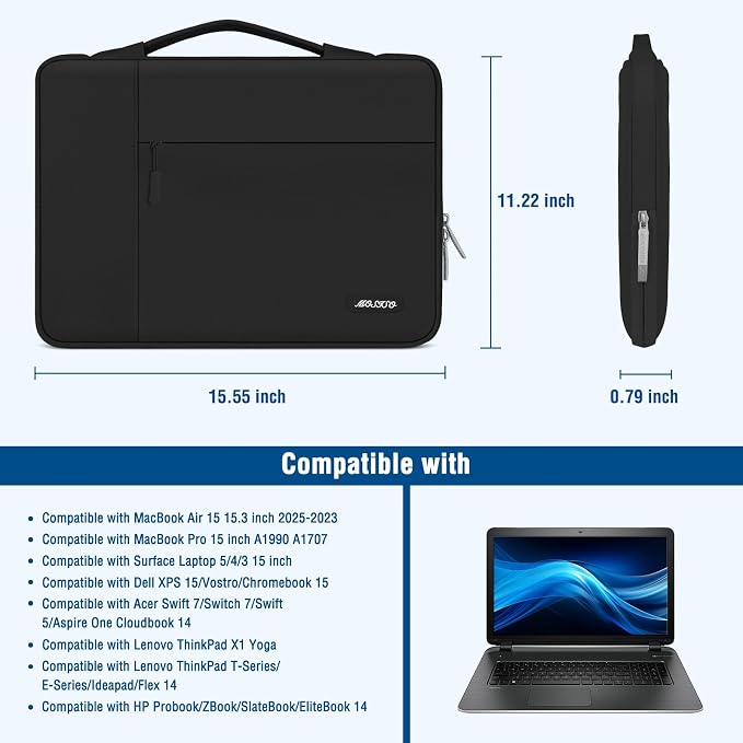 MOSISO Laptop Case 15 inch, Laptop Sleeve with Handle Compatible with MacBook Air 15 inch M5 A3448 M4 A3241 M3 A3114 M2 A2941 2026-2023, Dell XPS, Polyester Multifunctional Computer Bag, Black