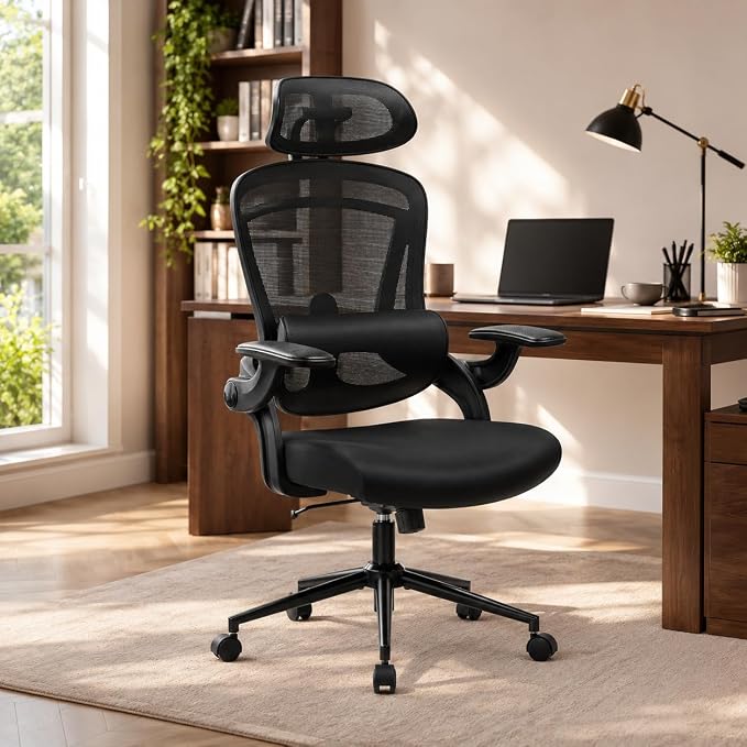 Ergonomic Office Chair, Home Office Desk Chairs with Adjustable Lumbar Support and Headrest, High Back Mesh Computer Desk Chair with 3D Flip-up Armrests & 360° Swivel Wheels, 275 LBS