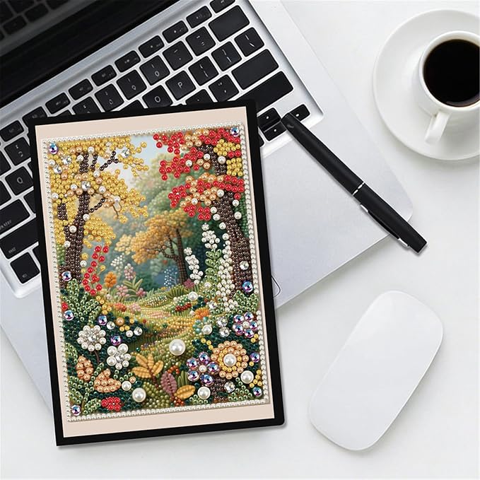 FRANDEK Pearl Painting Notebook Kit, Autumn Forest A5 DIY Journal with 50 Blank Pages, Diamond Gem Art Cover with Waterproof Canvas, Beginner Craft Set with Full Tools for Adults