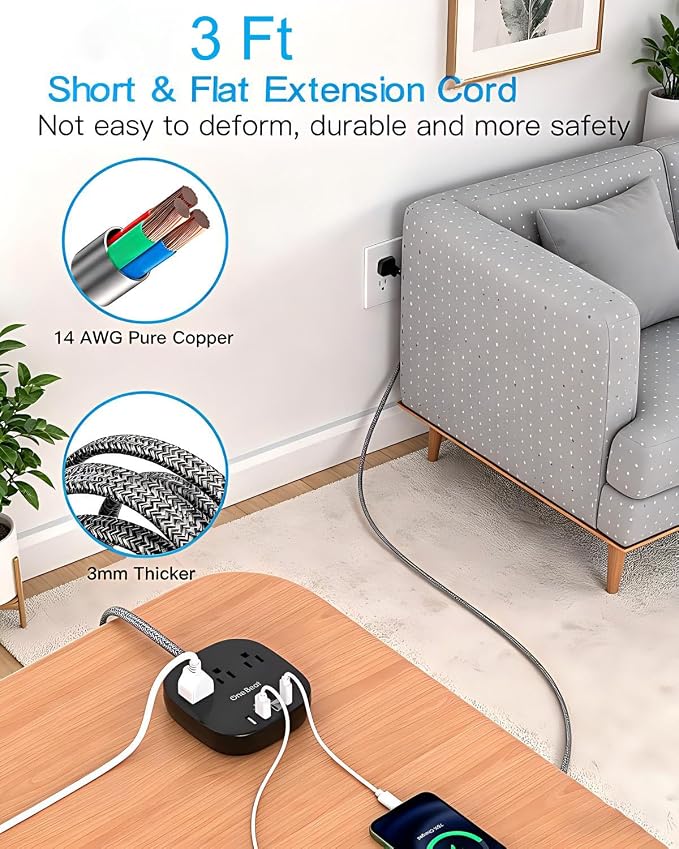 Cruise Ship Travel Essentials, 22.5W/4.5A Flat Plug Power Strip, Flat Extension Cord 3Ft, 3 Outlets 4 USB Ports (2 USB C) Cruise Approved Power Strip No Surge Protection, USB Charging Station, Black