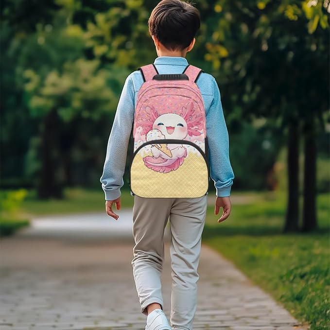 ZFRXIGN Ice Cream Axolotl Kids Backpack for Girls Bookbag with Cute Pendant 17inch Elementary School Bag and Insulated Lunch Box Portable Pencil Case Pink