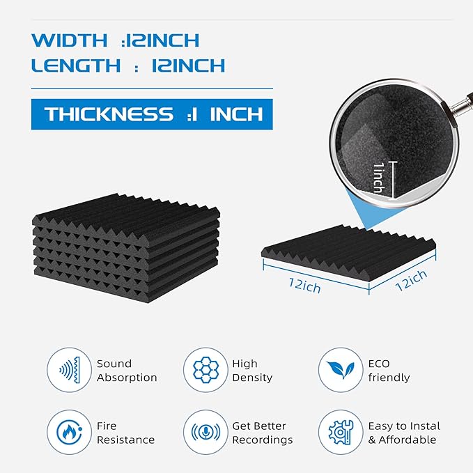 56 Pack Sound Proof Foam Panels |1"×12"×12" Quick-Recovery Soundproof Wall Panels | High Density Sound Dampening Panels for Home Studio |With Adhesive Stickers 280PCS (Black)