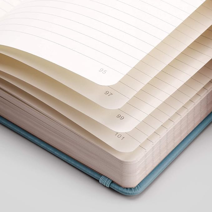 EMSHOI A5 College Ruled Notebook, 256 Numbered Pages 120GSM Ink-Proof Faux Leather Hardcover Lay-Flat Lined Journal for Work Office School Travel Writing, Small 5.75" x 8.38", GrayBlue