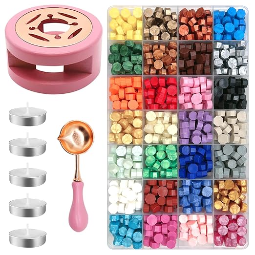 847Pcs 28 Colors Sealing Wax Beads, Wax Warmer and Candle, Letter Seal Kit for Gift and Decoration, Wedding Party Invitations
