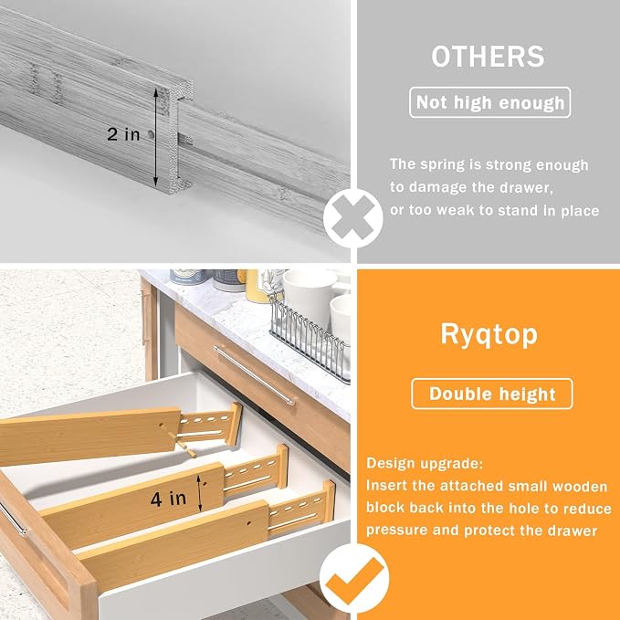 Bamboo Drawer Dividers, 4" High Drawer Organizers for Clothes/Utensils | 12.8-18" Expandable Wooden Drawer Separators for Dresser, Kitchen, Bathroom, Nursery, Office Organization & Storage, 6 Pack