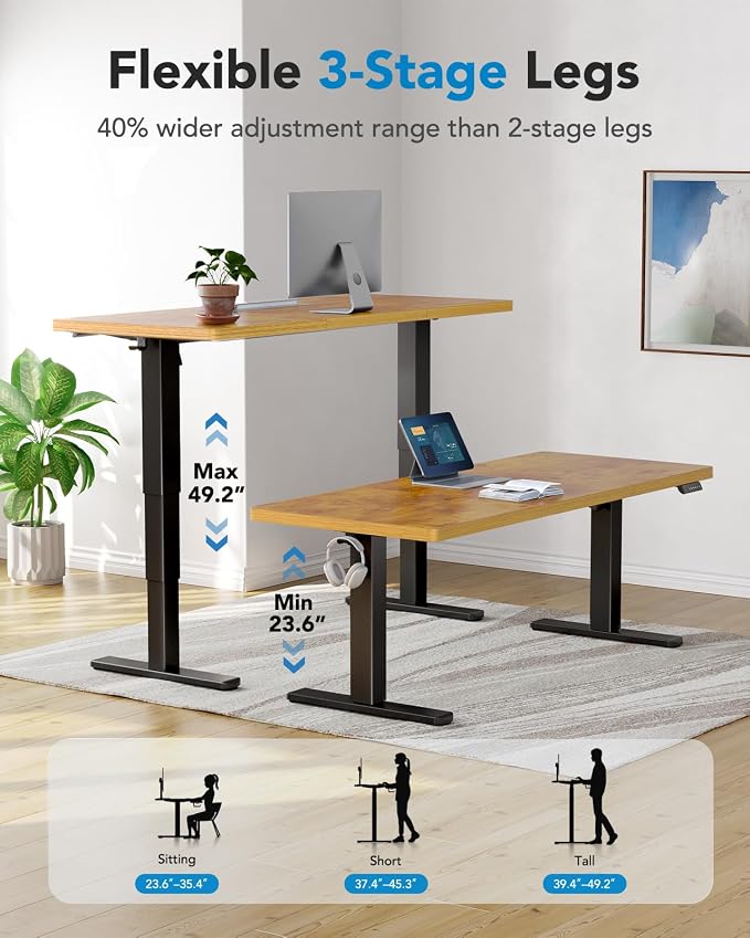 HUANUO 71x30 Inch 3-Stage Legs Electric Standing Desk,Large Height Adjustable Office Desk with Brushless Motor,Stand Up Desk with 4 Memory Presets & 2 Hooks,Computer Desk for Home Office,Vintage Brown