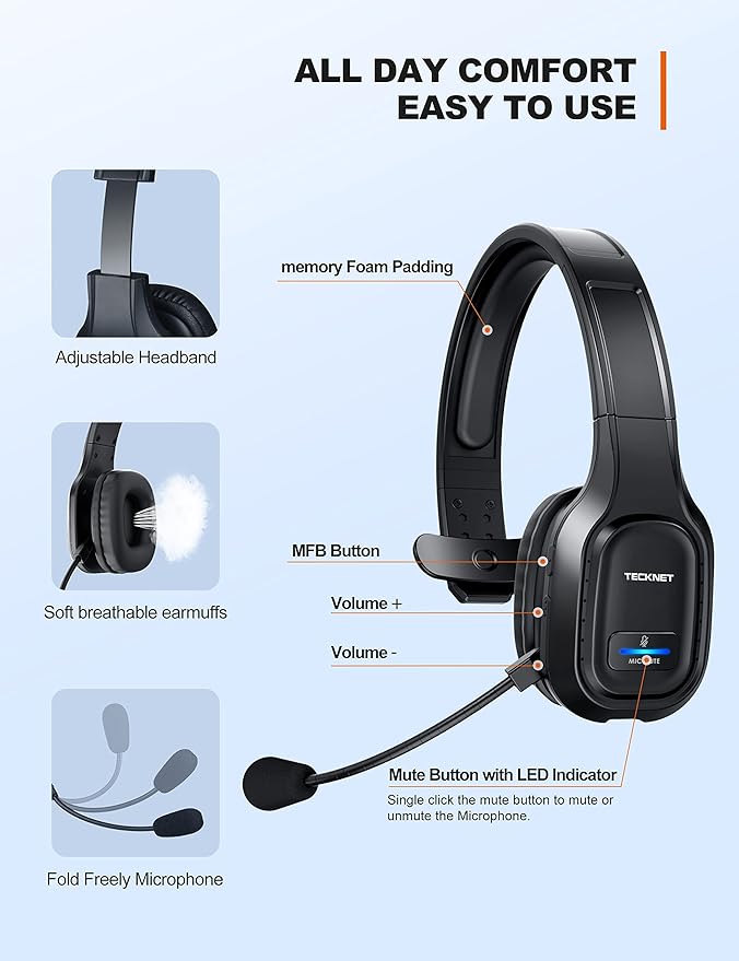 TECKNET Trucker Bluetooth Headset, Trucker Bluetooth Headphones with Microphone AI Noise Canceling Wireless On Ear Headset, Hands Free Wireless Headset for Cell Phone Computer Office Home bright black