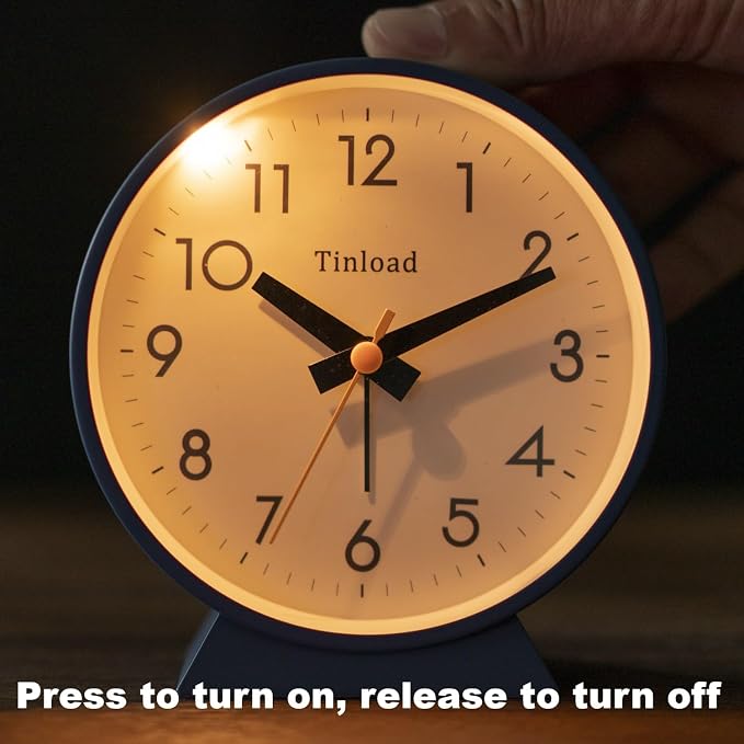 Tinload 4.5" Battery Operated Analog Alarm Clock, Small Silent Bedside Desk Clock with Night Light, Blue