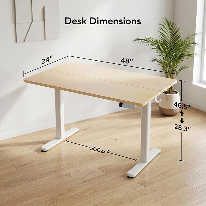 Claiks Electric Standing Desk 48x24 Inch Adjustable Desk, Nature | 156lbs weight capacity, 3 memory presets, industrial steel frame, cable management hub, adjustable height , easy assembly