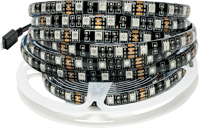 12V RGB LED Strip Lights, 16.4ft Black PCB Board 5050 IP65 Waterproof 300 LEDs Color Changing String Light Strips for Bedroom, Kitchen Decoration